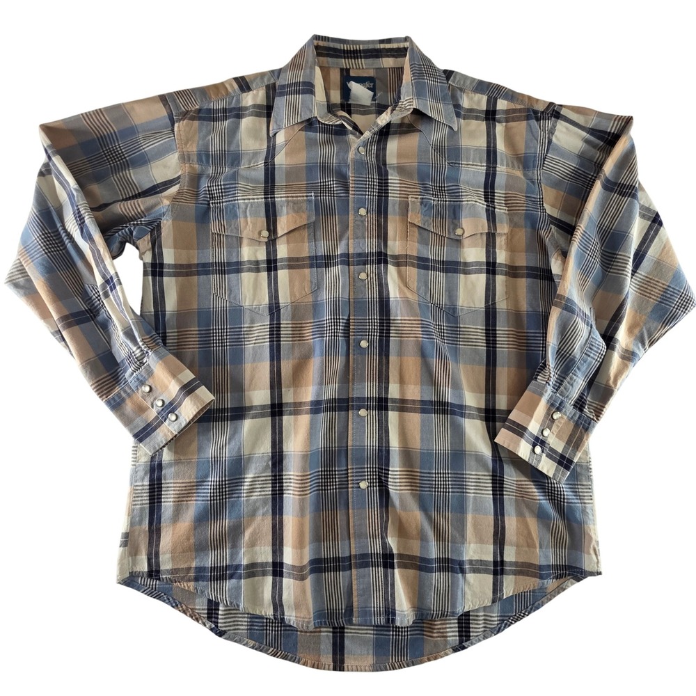 Wrangler Mens XL Blue Tan Plaid Pearl Snap Western Shirt Long Sleeve 90s Y2K